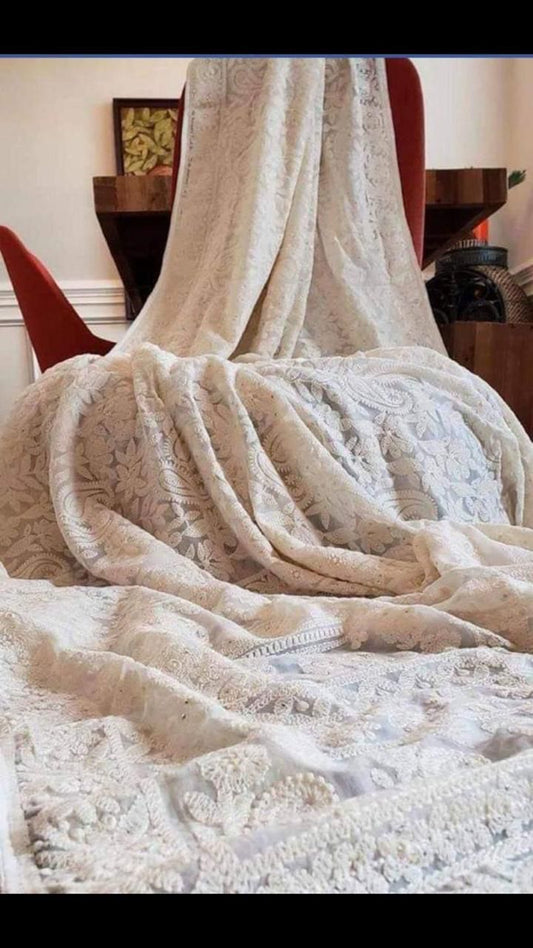 White Chikankari Saree Gorgette saree Indian Sari