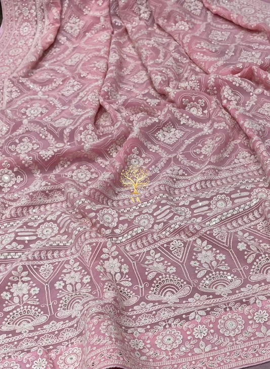 Pinkmania chikankari gorgette saree