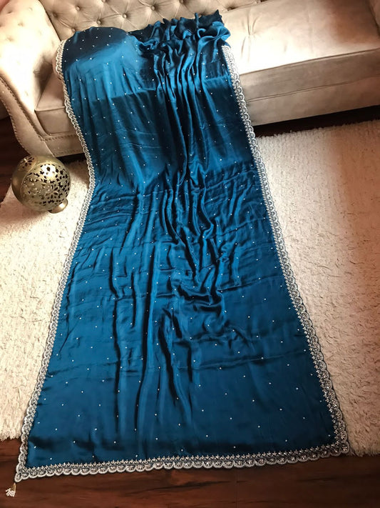 Teal blue satin saree