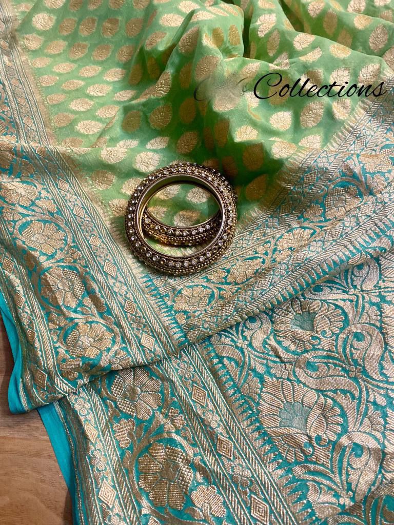 Shaded green khaddi gorgette saree
