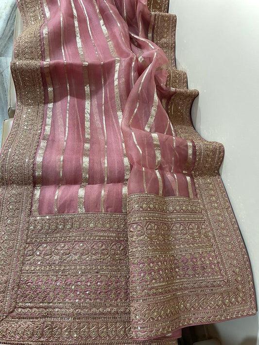 Striping kora Banarasi saree