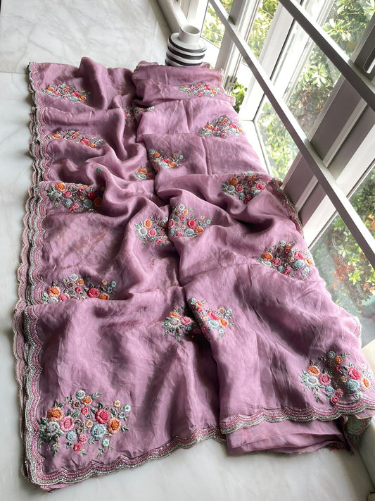 Lavender organza embroidered saree