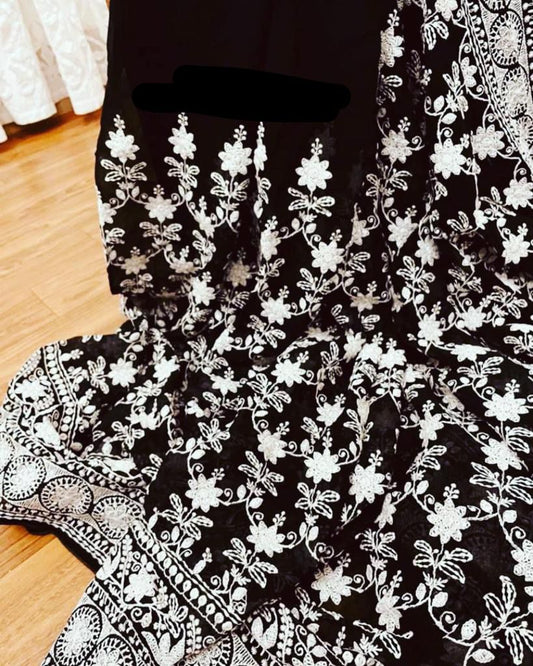 Black chikankari gorgette saree
