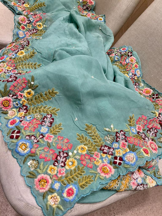 Tulip embroidery organza saree