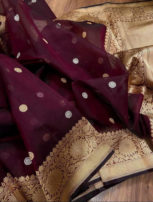 Maroon banarsi kora saree