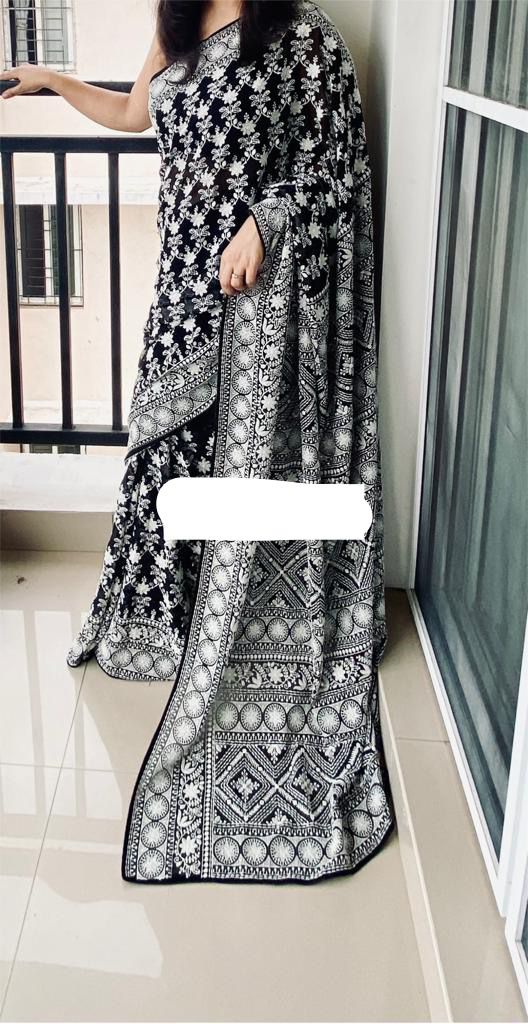 Black chikankari gorgette saree