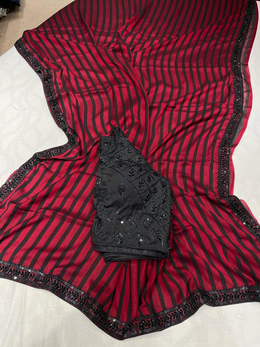 Striped sexy zardosi gorgette saree