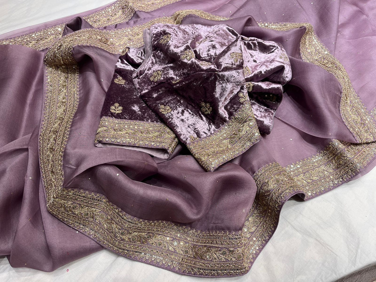 Velvet zardosi organza saree