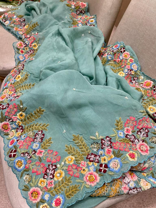 Tulip embroidery organza saree