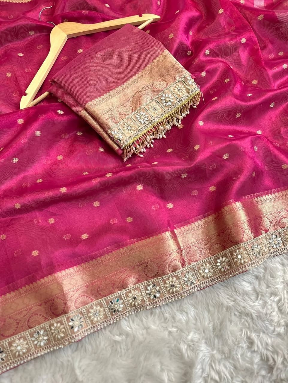 Pink tissue silk saree wedding sari blouse women sarees