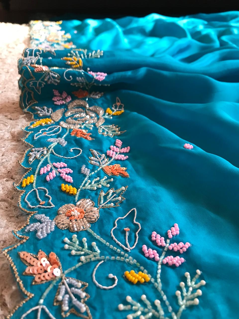 Blue Satin Silk Saree Luxury Organza Sarees