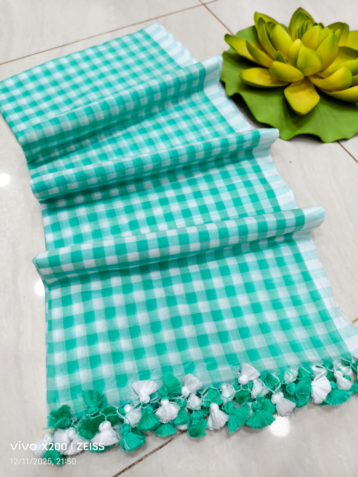 Check cotton saree Indian sarees blouse handmade cotton saree wid tassel