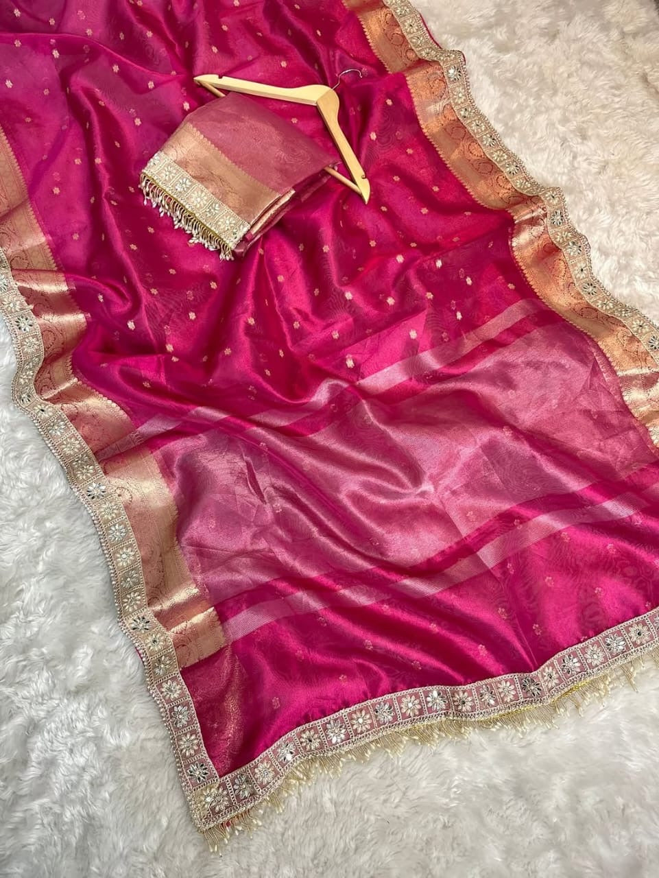 Pink tissue silk saree wedding sari blouse women sarees