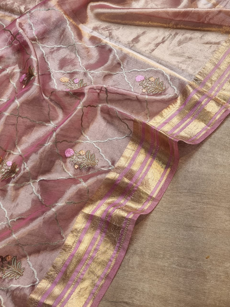 Pink silk organza tissue beautiful Banarsi sarees