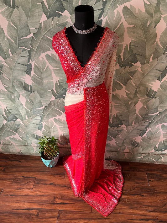 Shaded premium saree gorgette silk sarees blouse Indian Partywear sari