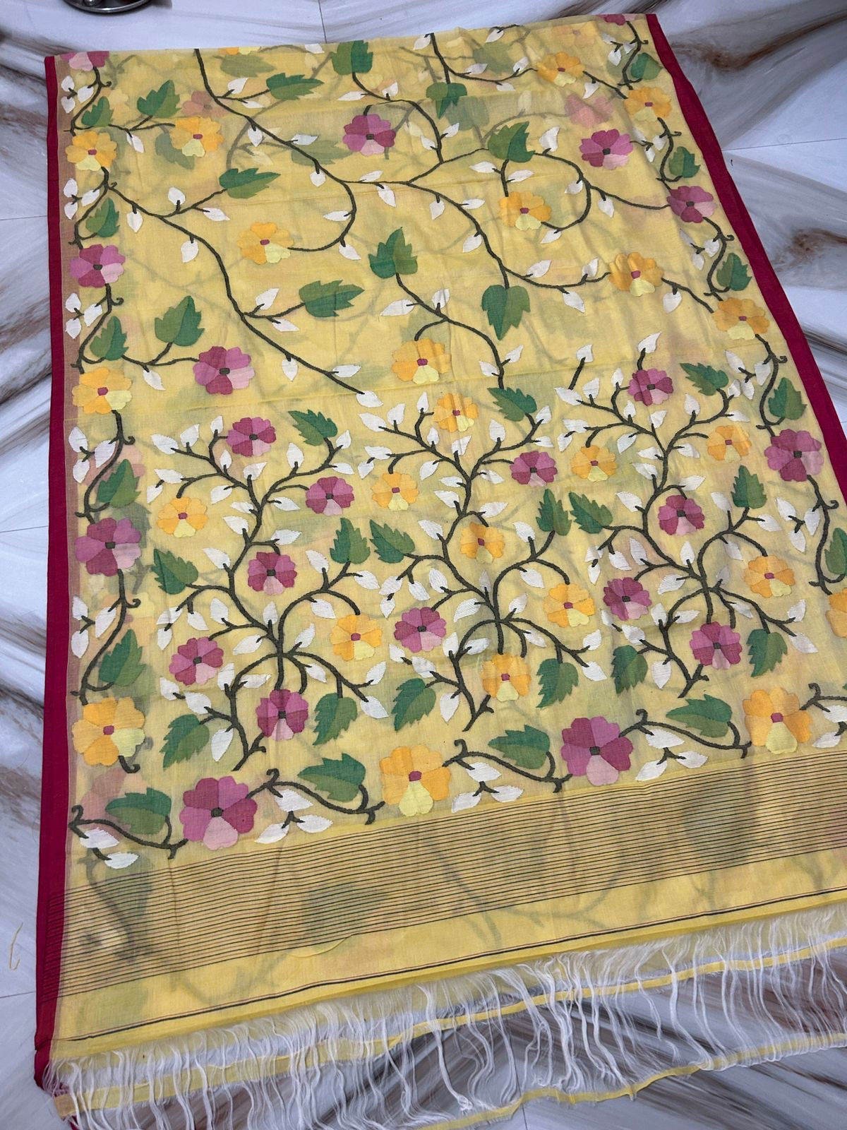 Yellow Tantuj Jamdani saree indism sarees blouse