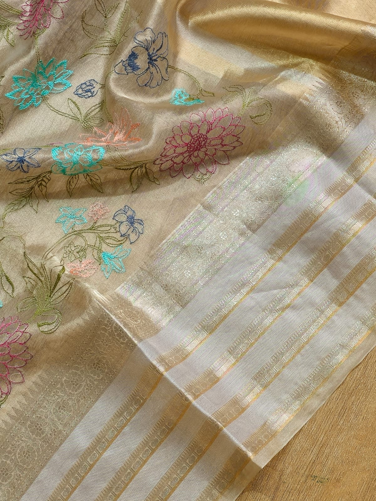 Floral Tissue Katan Embroidery Saree Indian Sari