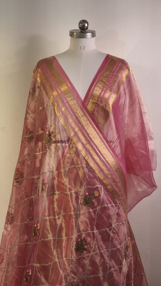 Pink silk organza tissue beautiful Banarsi sarees