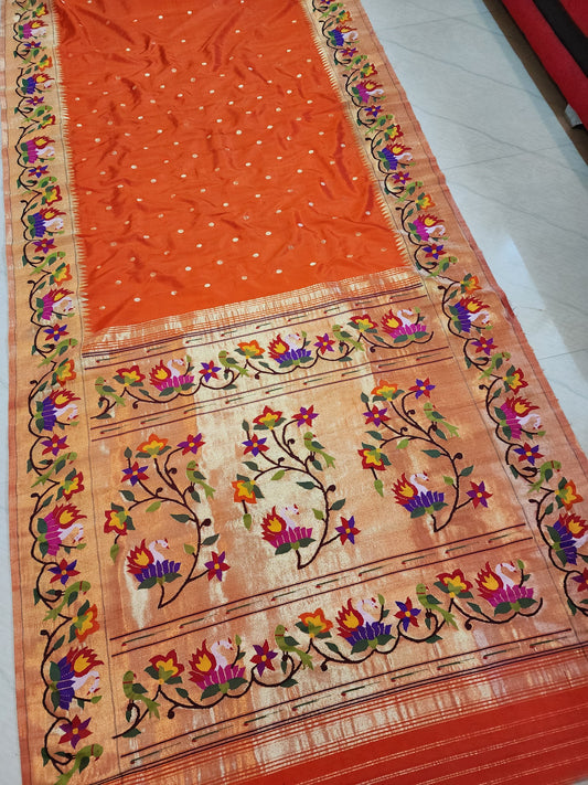 Orange Floral Paithani Silk Saree Indian Traditional Sari