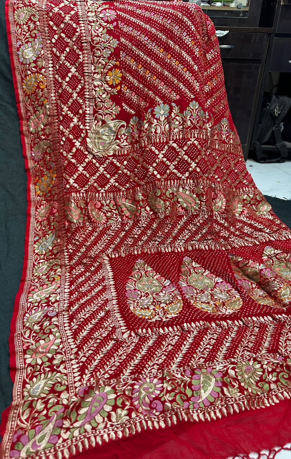 Red bandhani saree tested Zari Indian traditional sari blouse