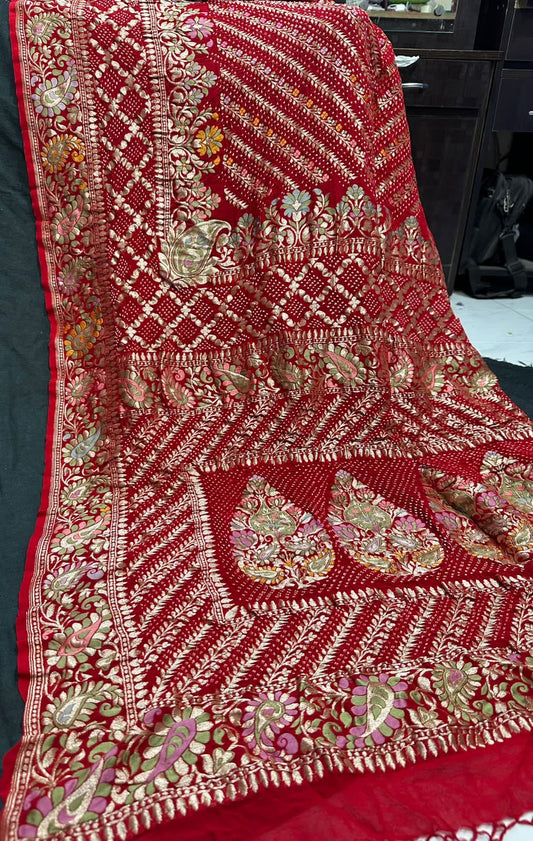 Red bandhani saree tested Zari Indian traditional sari blouse