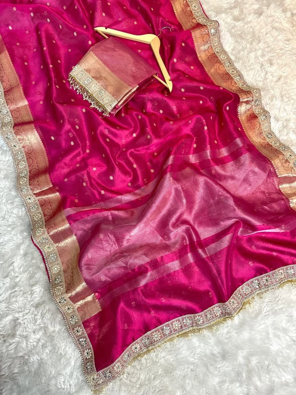 Pink tissue silk saree wedding sari blouse women sarees