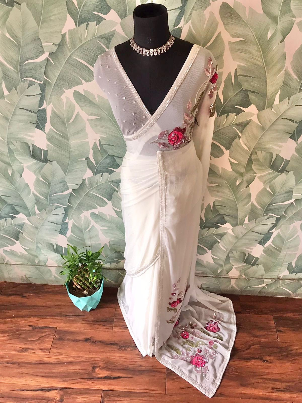 Premium gorgette saree Partywear sarees blouse Indian sari