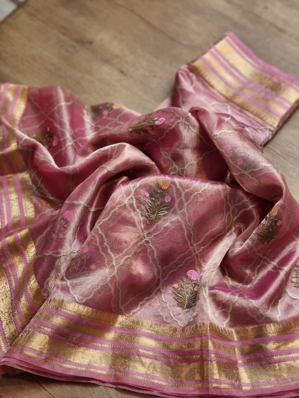 Pink silk organza tissue beautiful Banarsi sarees