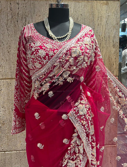 Net designer saree Indian wedding sari blouse women sarees