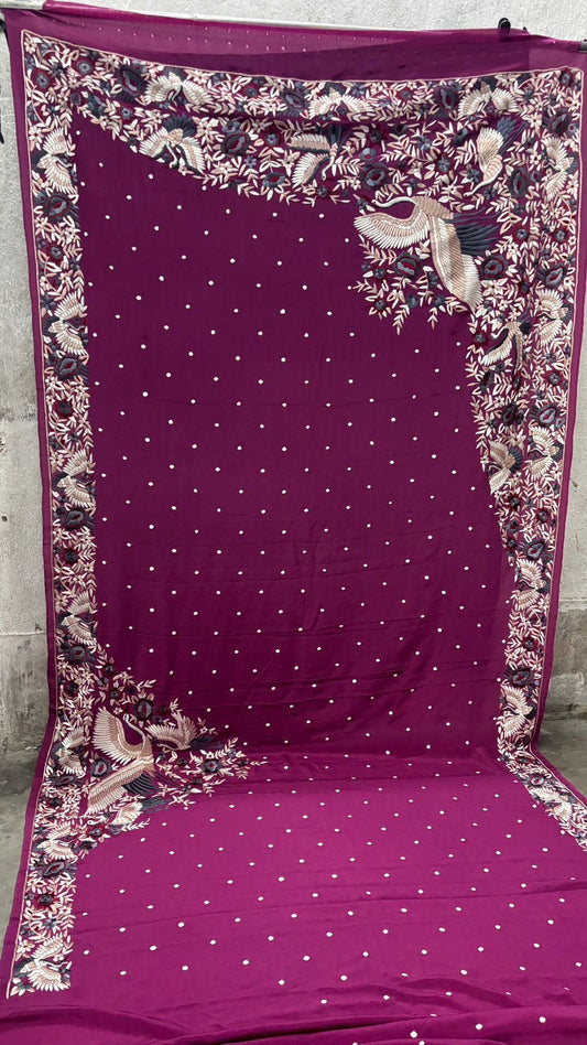 Crepe Parsi saree handmade Parsi Gara sari blouse