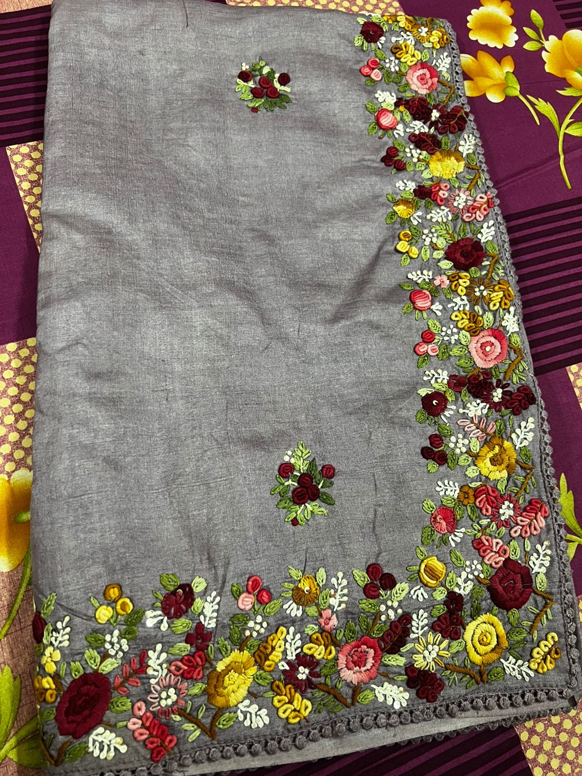 Lavender tussar saree French knot sarees hand embroidered sarees blouse