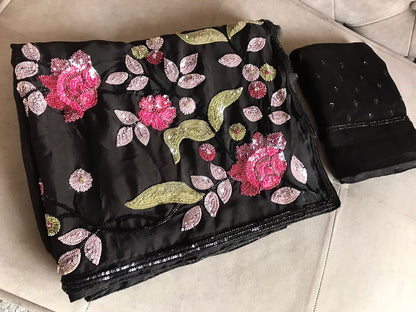 Premium gorgette saree Partywear sarees blouse Indian sari