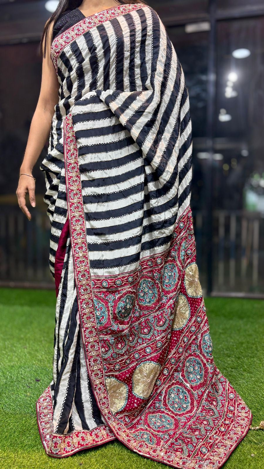 Ajrakh saree hand embroidery saree beautiful sari blouse