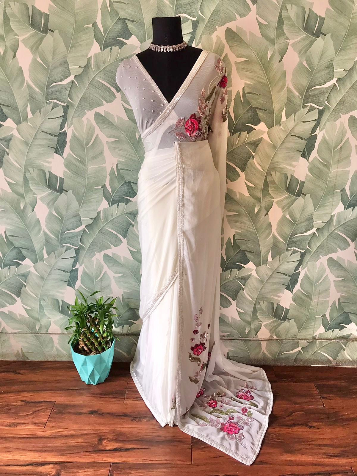 Premium gorgette saree Partywear sarees blouse Indian sari