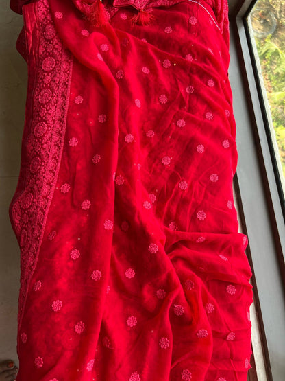 Red Chikankari saree Indian saree blouse Gorgette sari
