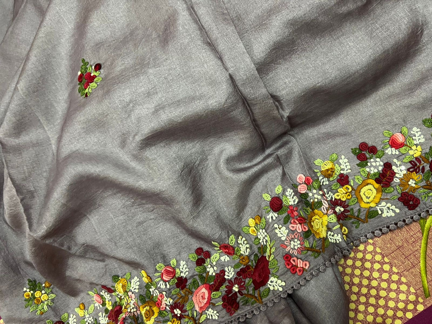 Lavender tussar saree French knot sarees hand embroidered sarees blouse