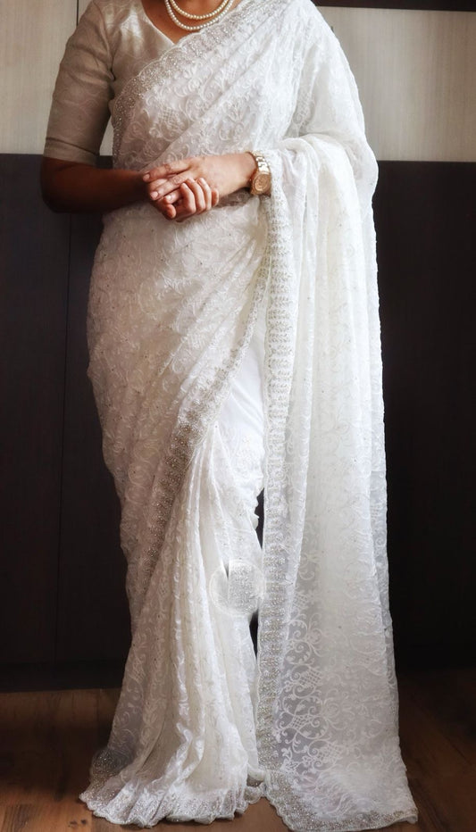 Sophisticated White Chikankari Gorgette Saree