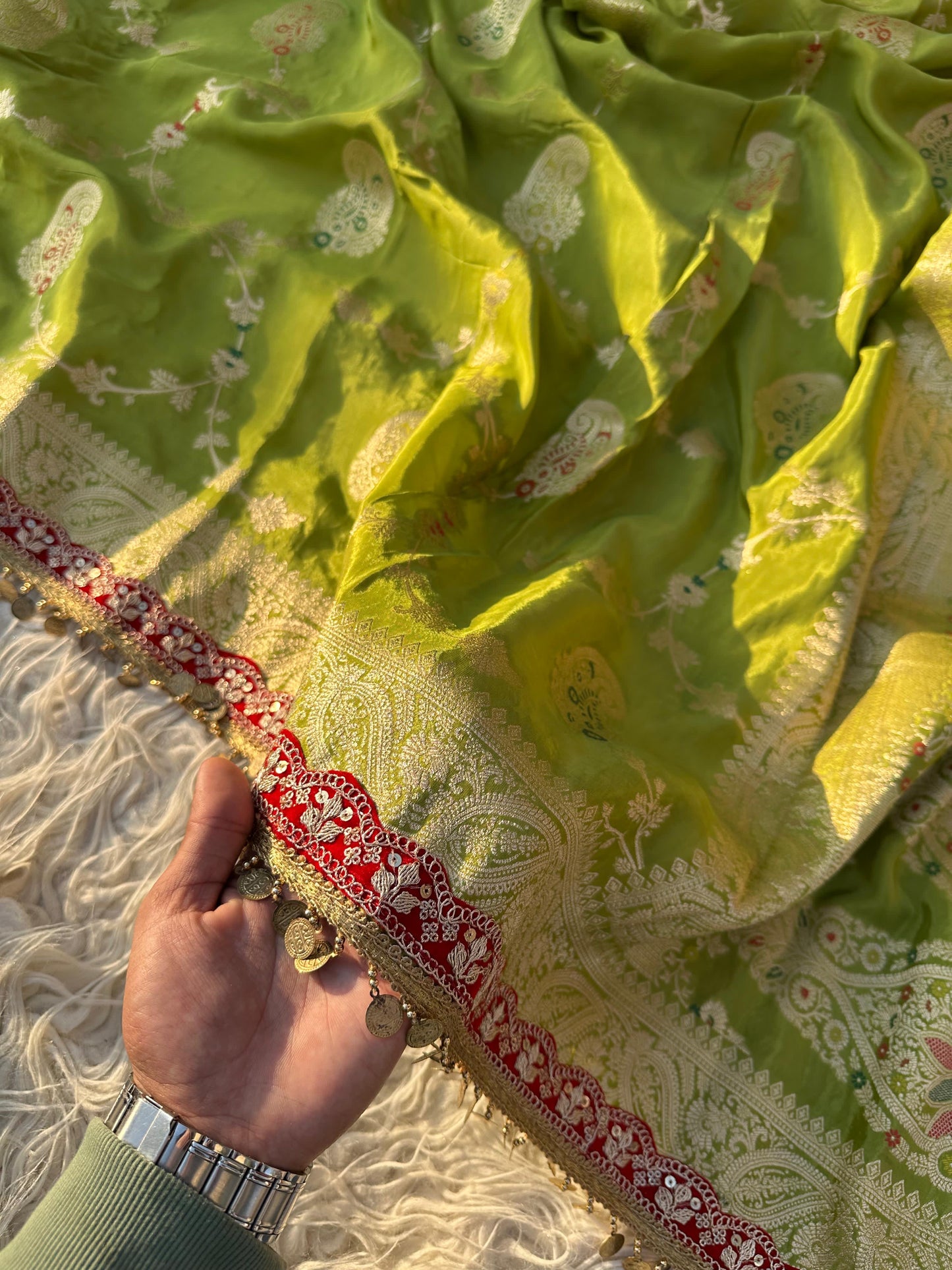 Green banarsi  chinon saree traditional saree blouse