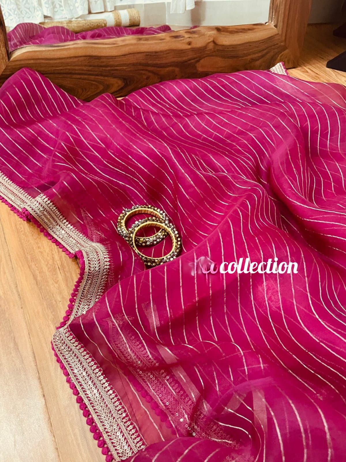 Pink striped organza saree women saree blouse