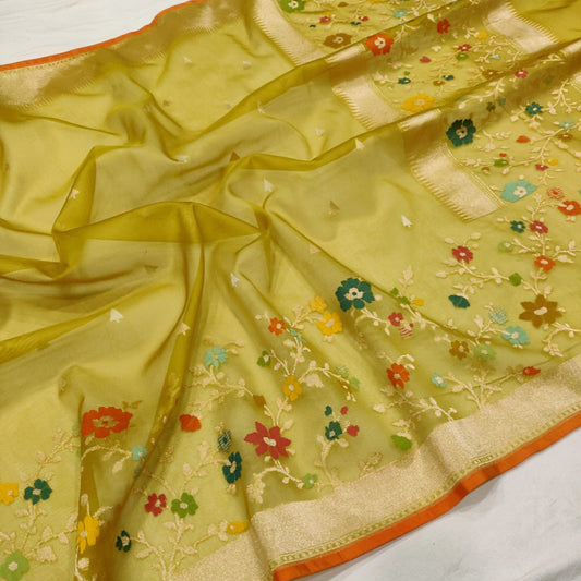 Yellow kora jamdani saree Ekta Ra saree exclusive sarees blouse
