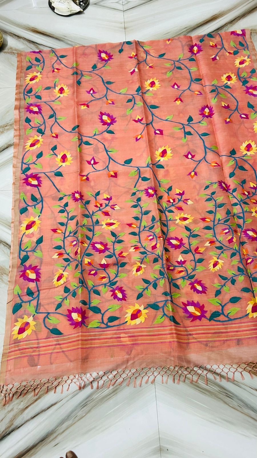 Peach Tantuj Jamdani saree Bengal traditional saree floral saris