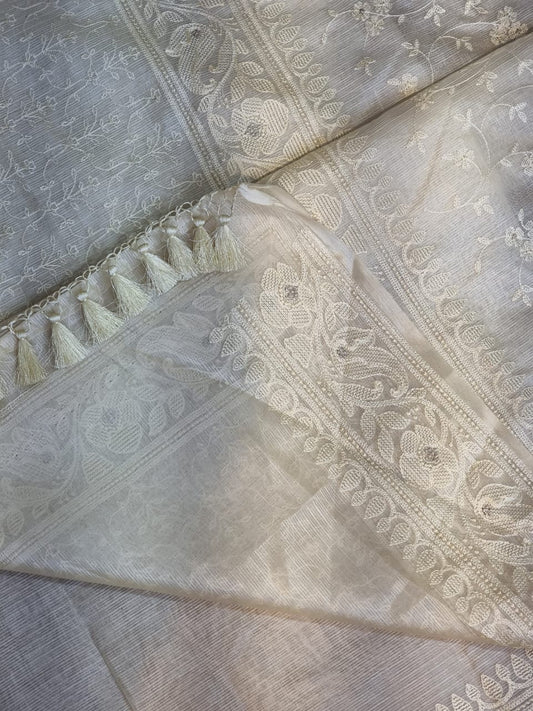 White Tusshar Kota saree silk Zari sarees blouse