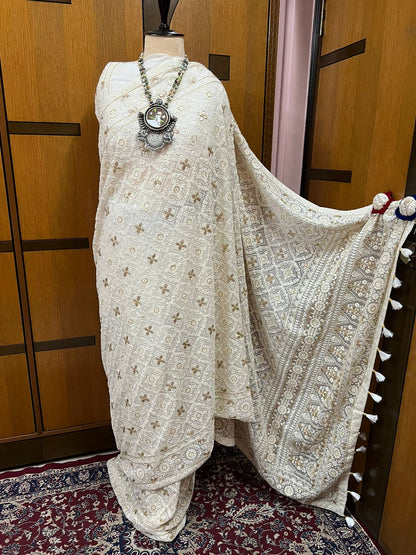 White Chikankari Gottapatti saree Gorgette Saree