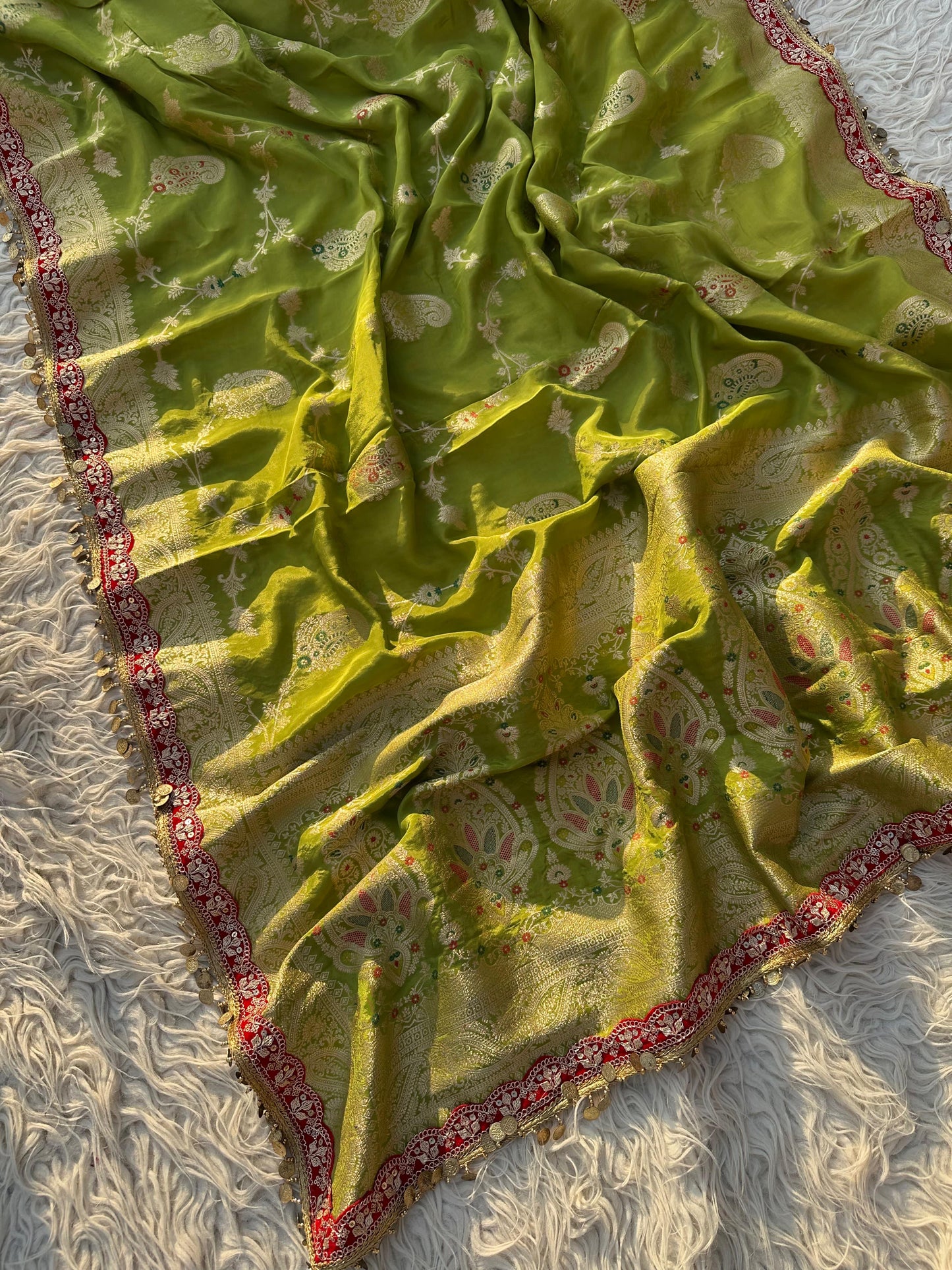 Green banarsi  chinon saree traditional saree blouse