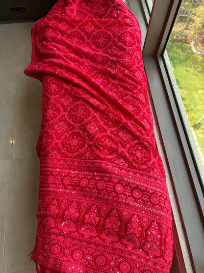 Red Chikankari saree Indian saree blouse Gorgette sari