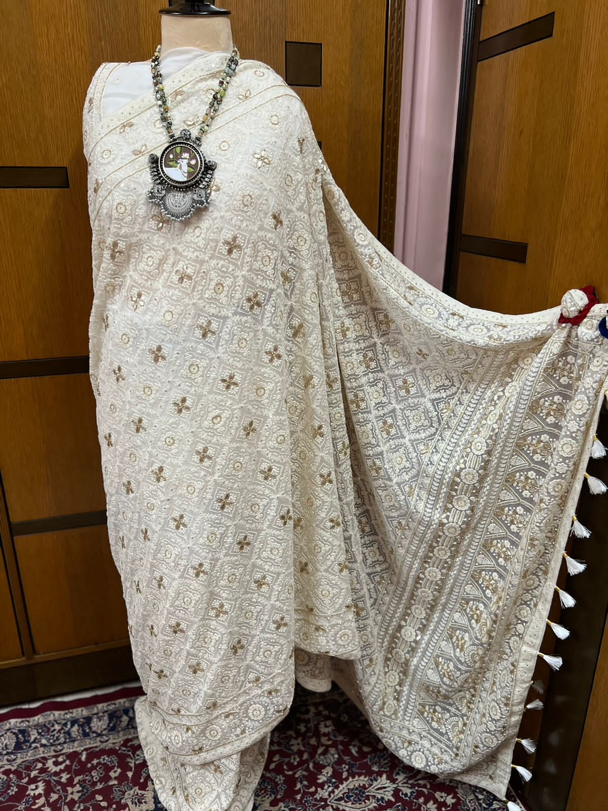 White Chikankari Gottapatti Gorgette Saree