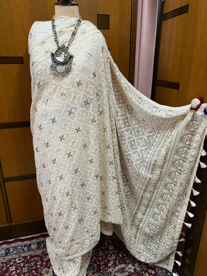 White Chikankari Gottapatti saree Gorgette Saree