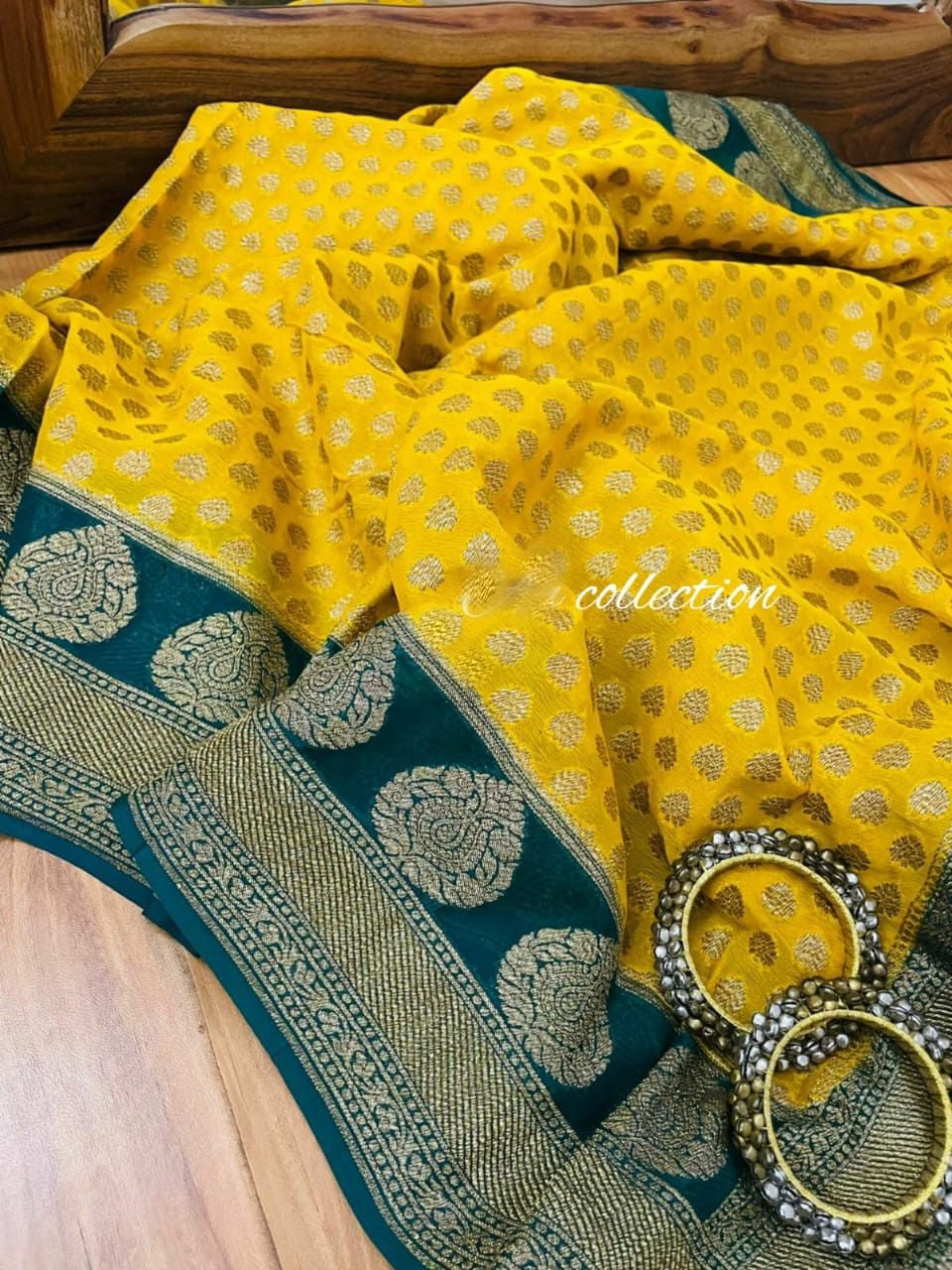 Yellow Banarsi khaddi gorgette sarees Indian saree