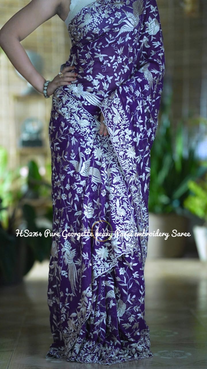 Purple Parsi inspired Saree gorgette saree