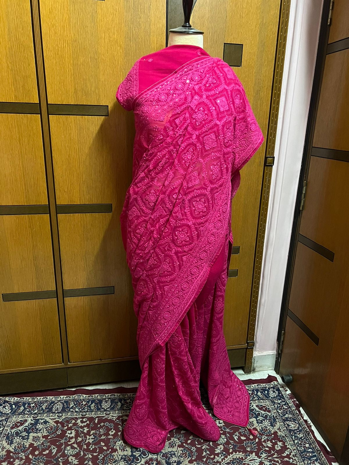 Hot Pink Chikankari Saree Georgette Saree Women Chikankari Sari
